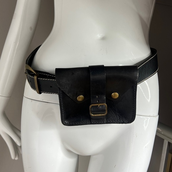 Black Leather Belt 38-34 with Double Snap Pouch Solid Brass Hardware main image 3